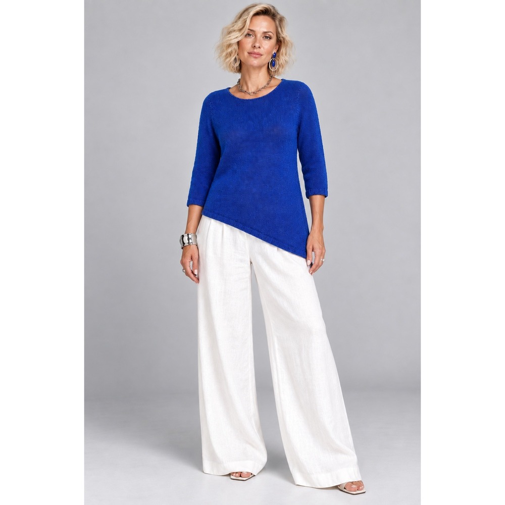 Chicos Royal Blue Asymmetrical Hem Knit Sweater 3/4 Sleeve Size 2 Large Pullover